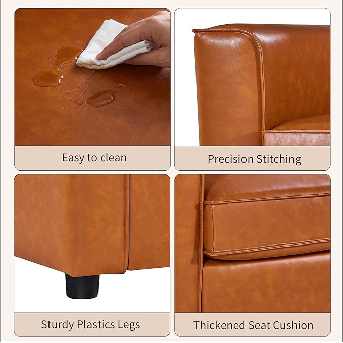 Faux Leather Armchair for Living Room Mid-Century Accent Chair with Deep Seat Cushion Upholstered Comfy Reading Chair Single Sofa Chair for Bedroom Apartment Office Caramel