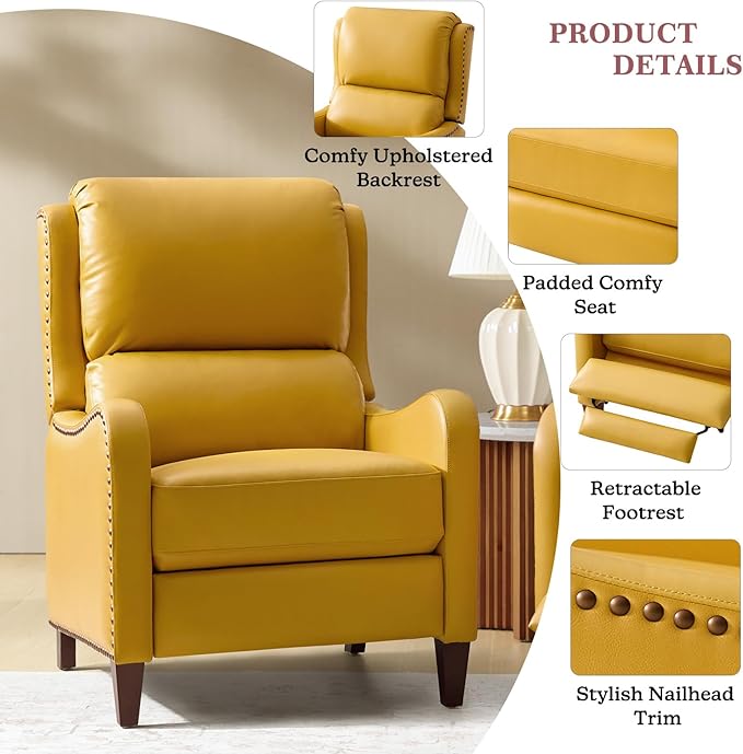 HULALA HOME Genuine Leather Recliner Chair Modern Push Back Recliner Armchair with Thick Seat Backrest &amp Footrest Nailhead Decor for Living Room Bedroom Yellow