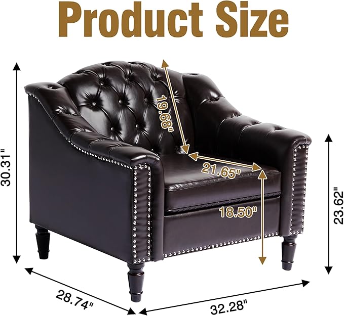 LEVNARY Chesterfield Chair Leather Upholstered Sofa Chair with High Back Mid-Century Modern Armchair with Solid Wood Legs Single Couches for Living Room (Brown)