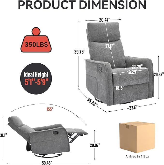 Power Lift Recliner Chair for ElderlyHeat Massage Manual Recliners Chair with RockerChair Recliners for Small SpacesPortable Chair Recliners for Living Room for AdultsEasy AssemblyGrey