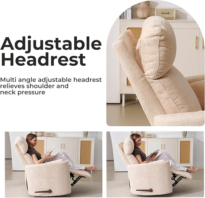 Oversized Swivel Rocker Recliner Chair with Massage and Heat Manual Swivel Glider Rocker Recliner with 2 Bolster Pillows Rocking Nursery Chair with Storage Ottoman  Adjustable Headrest Beige