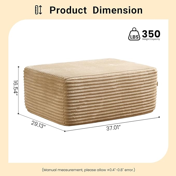 37 Plush Corduroy Ottoman Upholstered Cloud Ottoman for Boneless Couch in A Box Compressed Memory Foam Footrest No Assembly Require Beige