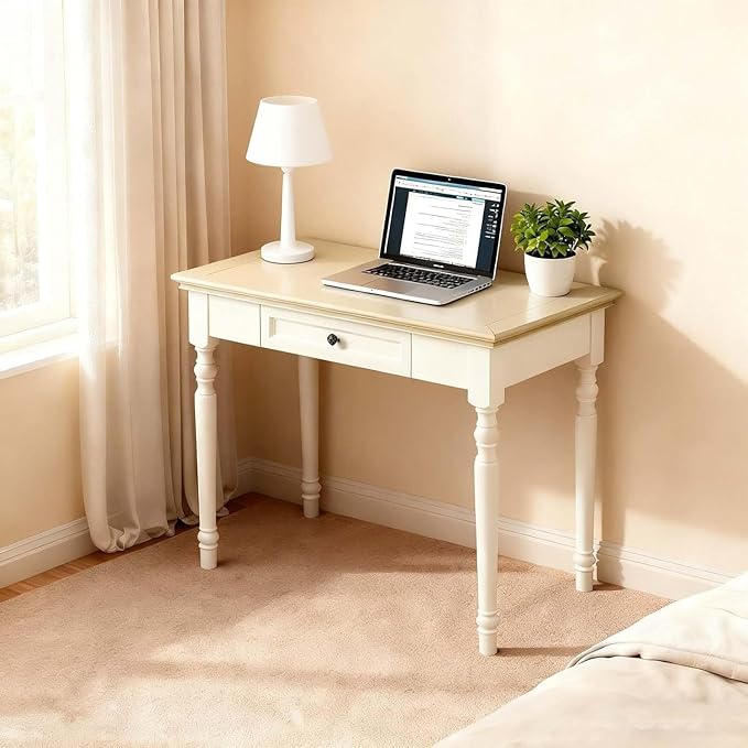 Beige Writing Desk with Drawer 35 Solid Wood French Country Style Computer Desk for Home Office Living Room Study or Workspace