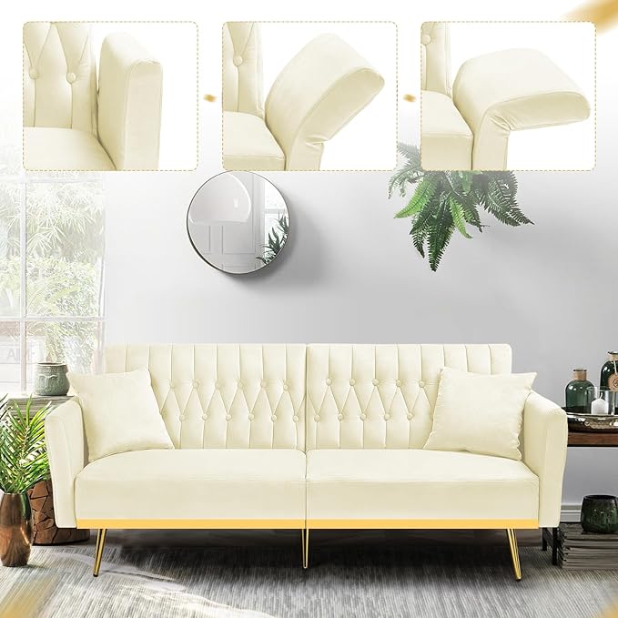 70” Velvet Futon Sofa Bed with 2 Pillows and Adjustable Armrests Convertible Sleeper Bed W/Adjustable Backrests Modern Loveseat for Living Room Bedroom Beige