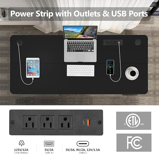 Electric Standing Desk 55x24in Adjustable Height Computer Desk with Wheels Sit-Stand Desk with Charging Station 2 USB Ports 3 Power Outlets Spacious Workstation for Home Office(Black)