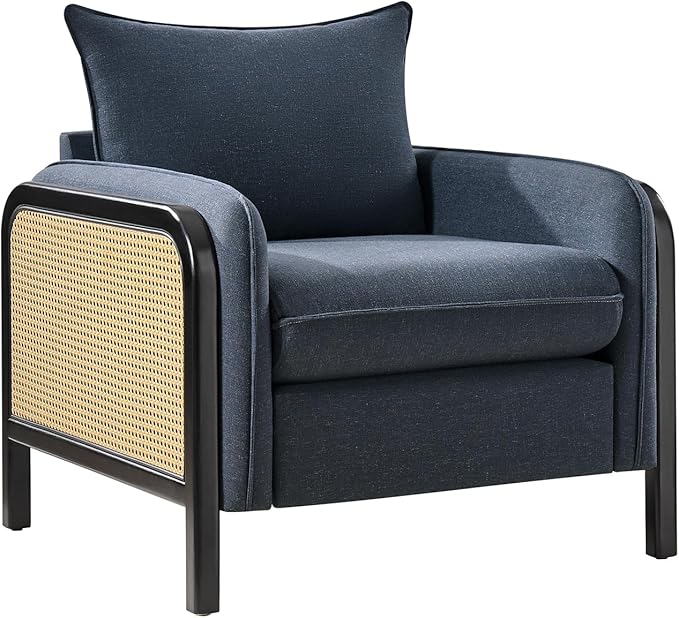 HULALA HOME Woven Rattan Armchair Modern Accent Chair with Wood Armrest and Legs for Living Room Bedroom Makeup Room Detachable Cushion &amp Upholstered Navy