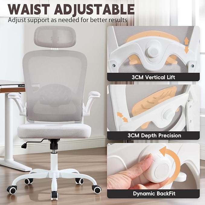 Ergonomic Office Chair with 3D Adjustable Lumbar Support Mesh High Back 75° Rotating Headrest Rocking Function 300lbs Capacity Black/White (White)