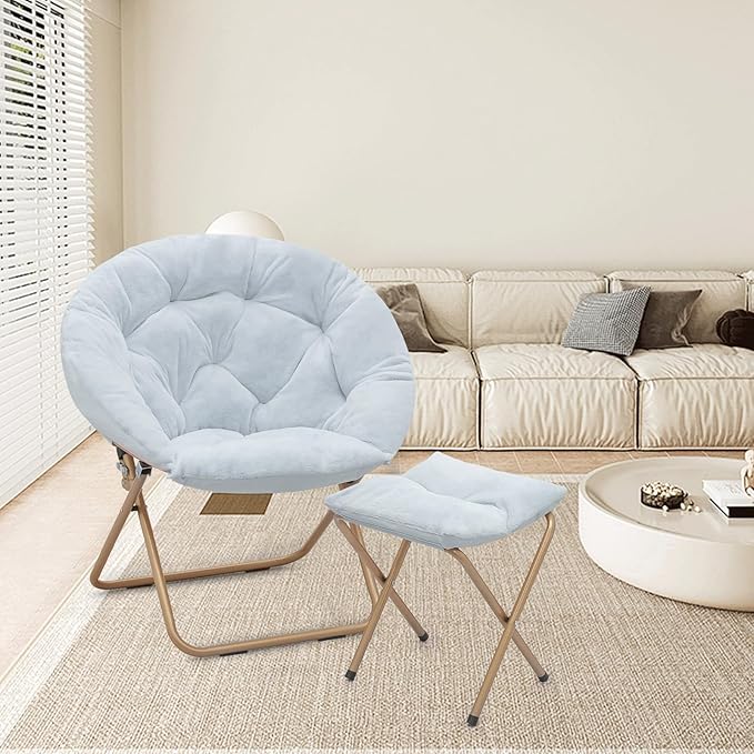 Athena Collection Round Saucer Chair with Ottoman Set of 2 for Adults Oversize Comfy Cozy Faux Fur Folding Reading Chair with Metal Leg Lazy Relaxing for Living Room Bedroom Dorm Apartment Blue