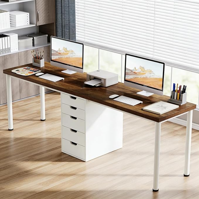 79 2 Person Desk with Drawers Double Computer Desk with Storage Cabinet Large Writing Home Office Desks Wood Two Person Desk with Metal Legs for Study Gaming
