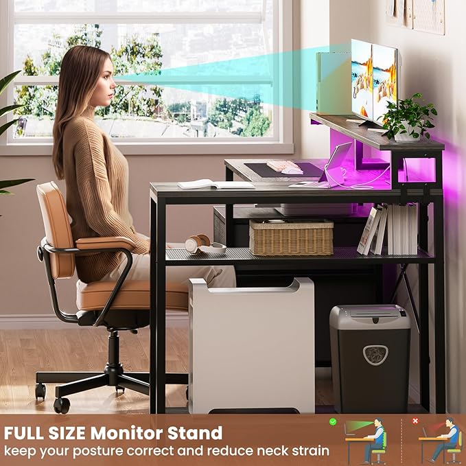 Aheaplus L Shaped Desk with File Drawer Reversible L Shaped Computer Desk Gaming Desk with Power Outlet &amp LED Strip Home Office Desk with Monitor Shelf Corner Desk with Storage Shelves Grey Oa