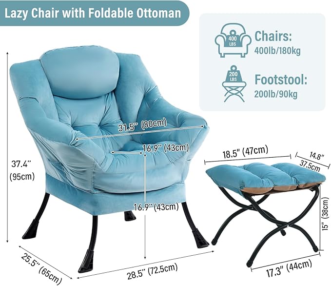 Lazy Chair with Ottoman Modern Accent Chairs with Folding Footrest Velvet Light Blue Sofa Chair Set Reading Chairs Oversized Armchairs for Bedroom Study Living Room Courtyard