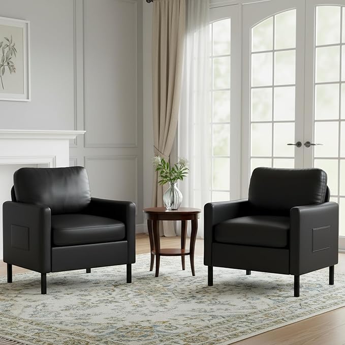 AODAILIHB Black Leather Accent Chair Set of 2 Modern Accent Chairs with Arms Small Side Chair 2 Pocket/Thick Cushion Single Sofa Comfy Couch for Living Room/Waiting Room/Office (2 Black)