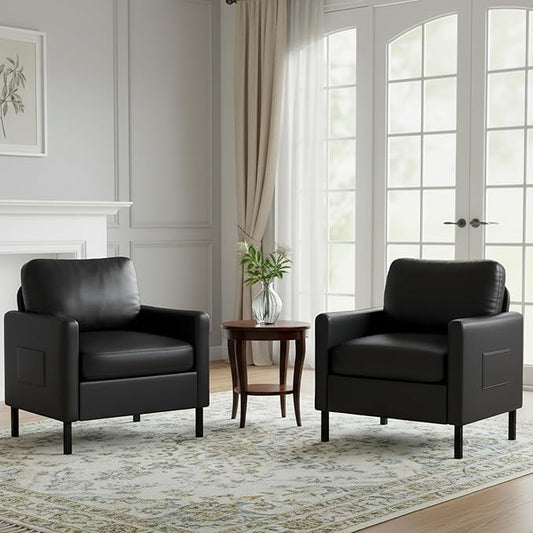 AODAILIHB Black Leather Accent Chair Set of 2 Modern Accent Chairs with Arms Small Side Chair 2 Pocket/Thick Cushion Single Sofa Comfy Couch for Living Room/Waiting Room/Office (2 Black)