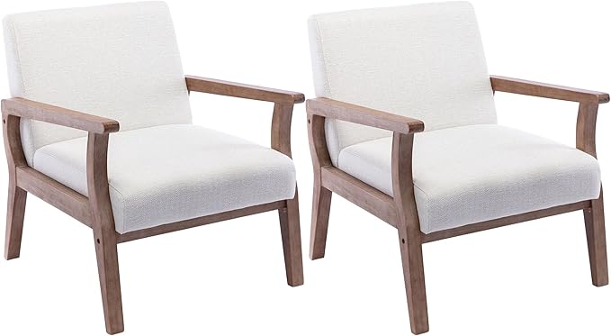 VESCASA 23.2 W Accent Chairs Set of 2 with Arms Farmhouse Side Chairs with Upholstered Seat Mid Century Modern Reading Chairs with White Wash Wood Legs for Living Room/Bedroom White Linen