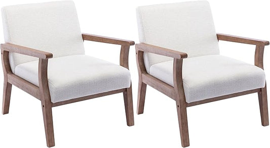 VESCASA 23.2 W Accent Chairs Set of 2 with Arms Farmhouse Side Chairs with Upholstered Seat Mid Century Modern Reading Chairs with White Wash Wood Legs for Living Room/Bedroom White Linen