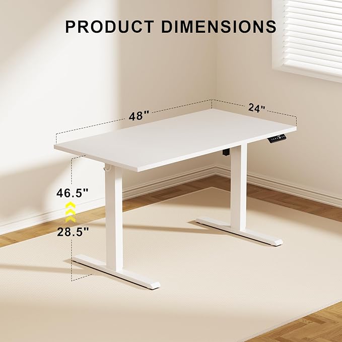 48x24 Inches Whole Piece Electric Standing Desk Seamless One Piece Height Adjustable Sit to Stand up Desk for Home Office Ergonomic Computer Workstation White