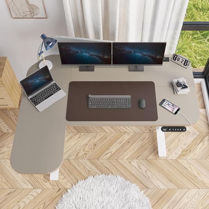 L-Shaped 59 Height Adjustable Electric Standing DeskHeight Stand Up Computer DeskSit and Stand Home Office Desk with Splice Board (Oak Top White Frame)