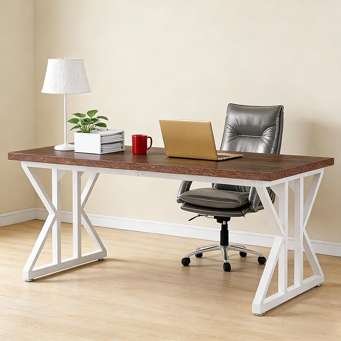 78 Inch Two Person Office Desk Extra Long Double Computer Desk Executive Office Desk Modern Writing Study Table Workstation for Home Office White Brown