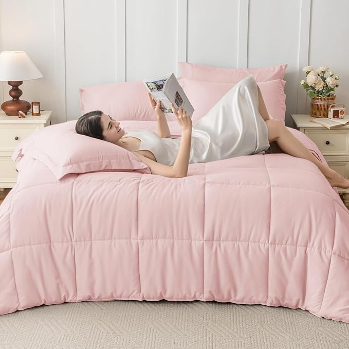 JOLLYVOGUE California King Comforter Set Ultra-Soft Bed in a Bag Cal King Size 7 Pieces Oeko-TEX Certified Bedding Set with Down Alternative Comforter Sheets Pillowcases &amp Shams Blush Pink
