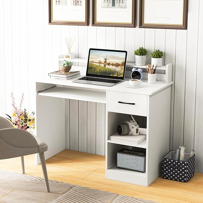 GOFLAME White Computer Desk Home Office Desk with Large Drawers Hutch Keyboard Tray 5-Position Adjustable Open Shelves Easy Assembly Writing Desk for Bedroom Small Space Living Room White
