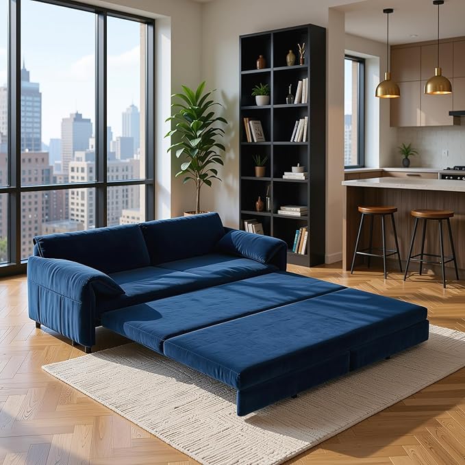 Homy Casa 66 3-in-1 Convertible Sofa Bed Queen Size Pull-Out Bed with Side Storage Velvet Loveseat Modern Sleeper Sofa for Living Room Office or Guest Room (Blue)