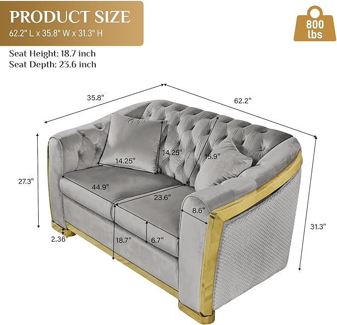 Luxury Velvet Chesterfield Sofa for Living Room 62.2 Comfy Mid Century Modern Victorian Curved Loveseat Couch Deep Seat Couches Tufted Sofas with Gold Legs for Apartment Grey
