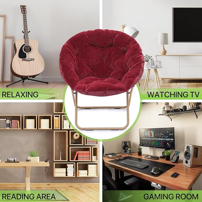 Magshion Folding Saucer Chair for Adults with Ottoman Circle Reading Chair for Bedroom Living Room &amp Dorm Furry Comfy Accent Seat with Metal Leg &amp Thick Padded for Small Spaces (Burgundy 1