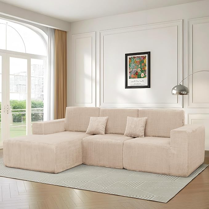 111 Boneless Couches for Living Room 3-Piece Cloud Couch Modular Sectional Deep Seat Compressed Couches for Living Room Bedroom Plush Corduroy Fabric No Assembly Required Khaki