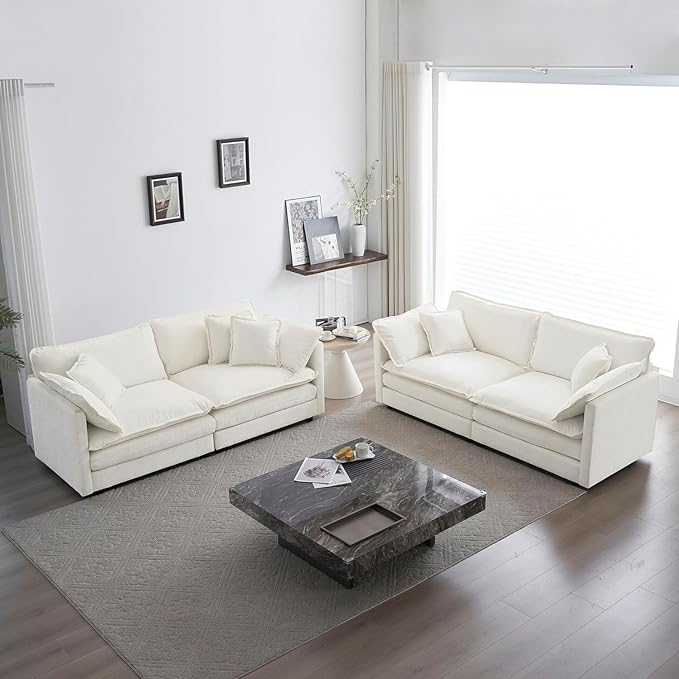 76.7 Loveseat Sofa Couch for Living Room 2 Seat Sectional Couch Cloud Sofa with Thickened Cushion &amp 4 Pillows for Small Spare ApartmentChenille Fabric Cream White