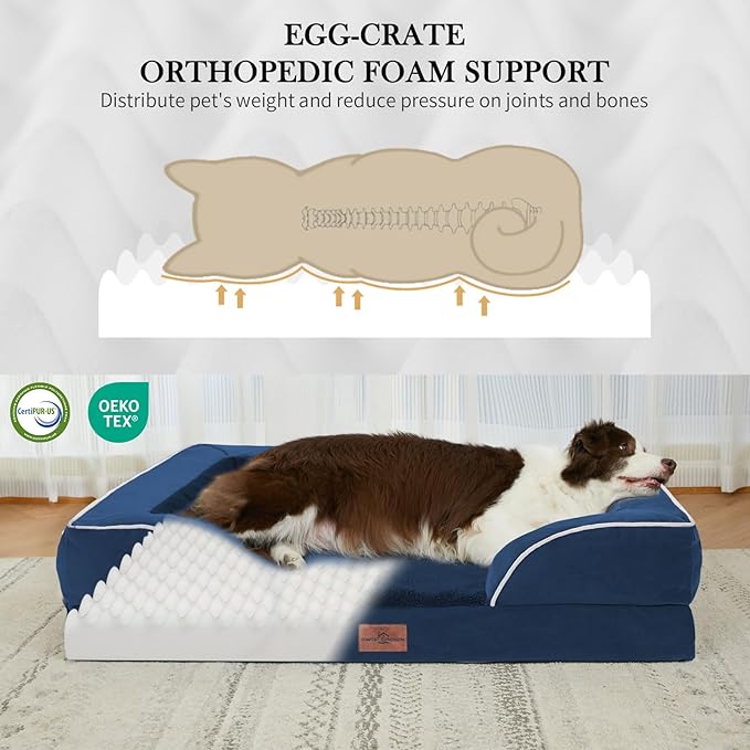 Comfort Expression Orthopedic Dog Bed for Extra Large Dogs 42x30 Inch Waterproof Egg Crate Foam XL Pet Bed with Removable Bolsters Dog Couch with Washable Cover &amp Non-Slip Bottom Navy Blue