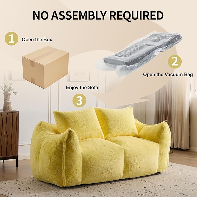 75 Inch Loveseat Bean Bag Couch for Adults Oversized Compressed Boneless Sofa Couch in a Box for Living Room Bedroom Apartment Soft FluffyNo Assembly (Yellow)
