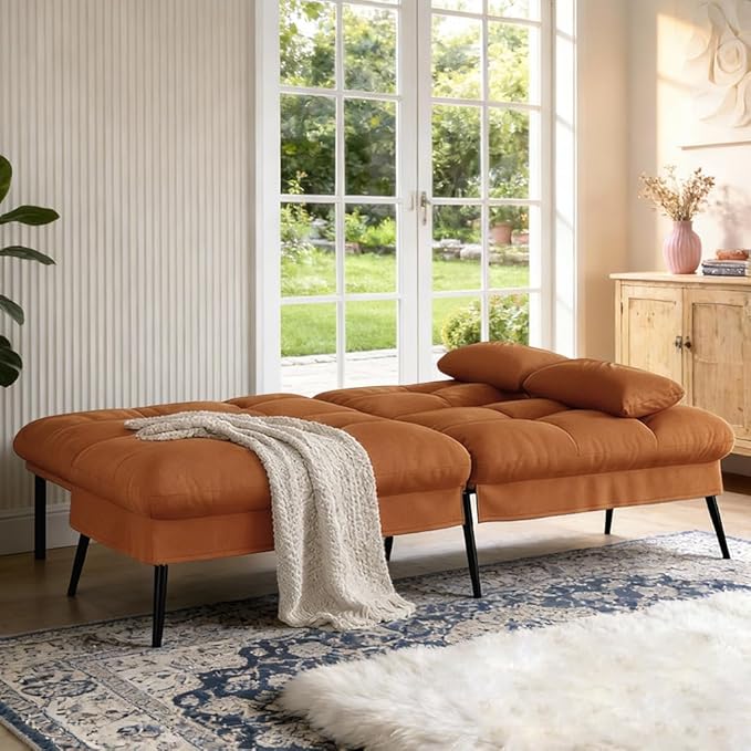 COMHOMA 72″Futon Sofa BedModern Convertible Sleeper Sofa Fabric Futon Couch with Multi-Position Backrest for Living Room Furniture (Brown)