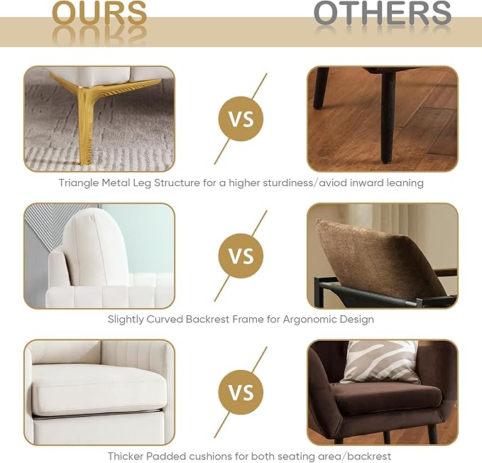 SLEERWAY Tufted Velvet Accent Chair Mid Century Modern Comfy Living Room Furniture Set Bedroom Club Lounge Reading 5.5 inch Cushioned Golden Legs (Beige Single Sofa Chair)