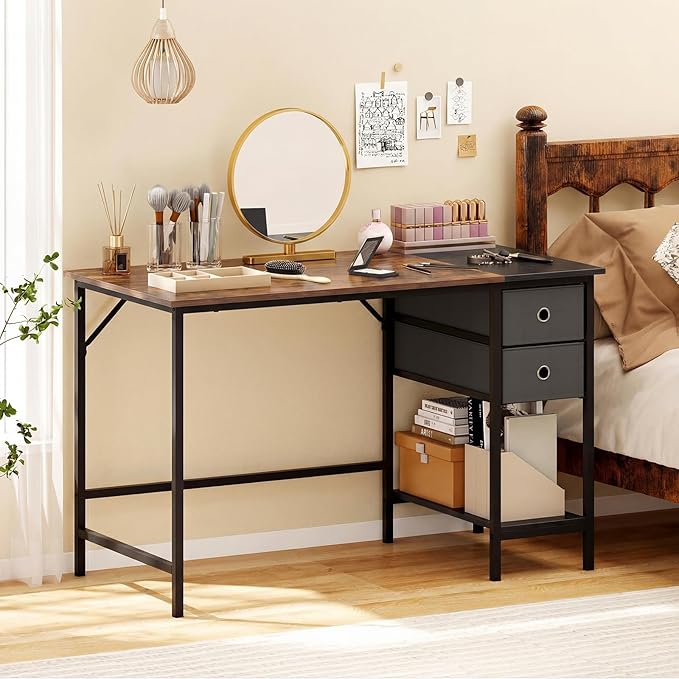 Giantex 48 Computer Desk with 2 Fabric Drawers Industrial Home Office Desk with Open Storage Shelf 2-Toned Finish &amp Metal Frame Gaming Study Writing Table for Small Space Bedroom Rustic Brow
