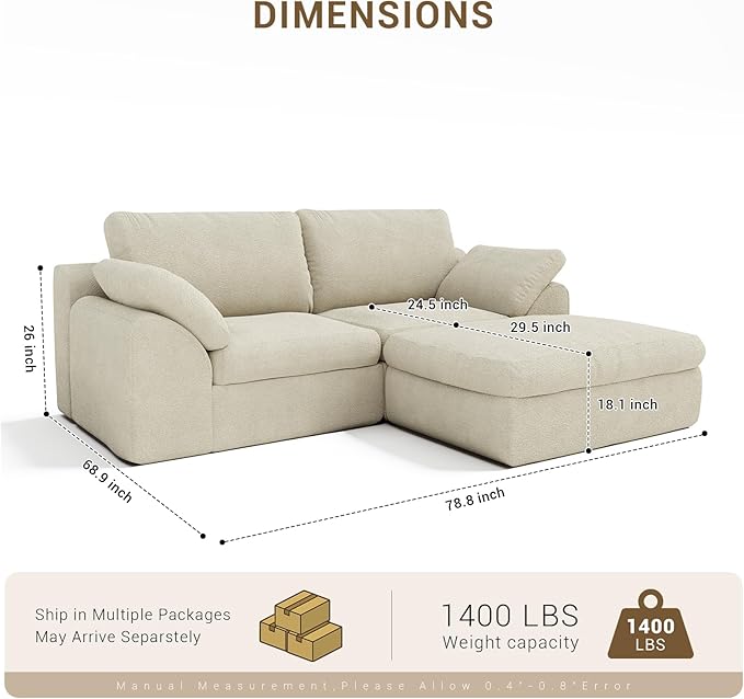 Cloud Sectional Couches 78.8 L-Shape Sofa with Ottoman Deep Seat Modular Sectional Couch Comfy Boneless Couch for Living Room &amp Bedroom Sherpa Fabric White