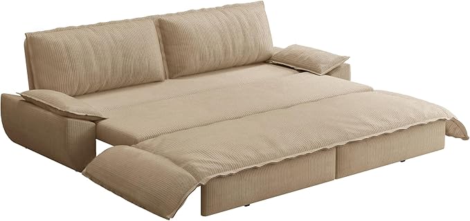 73.2 Futon Sofa Bed Queen Size Pull Out Bed 3-in-1 Convertible Sleeper Sofa with Cushion Armrest Modern Corduroy Futon Couch for Living Room Small Space Apartment Bedroom Camel