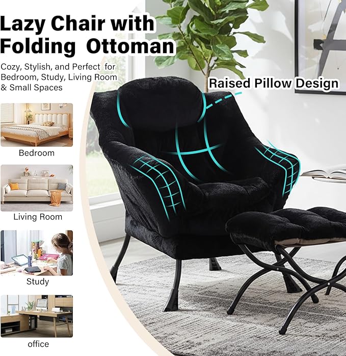 Lazy Chair with Ottoman Modern Accent Chair with Armrests and a Side Pocket Plush Black Accent Chairs Reading Chairs Oversized Armchairs for Bedroom Study Living Room Courtyard