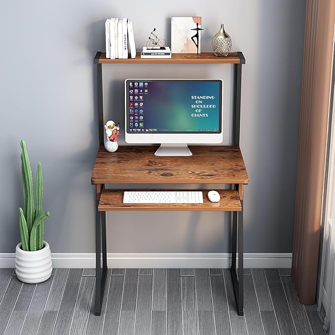 2-Tier Computer Desk with Keyboard Tray28 Inch Ladder Desk Home Office Writing Desk with Storage Hutch for Small Space Modern Writting Table (Brown)