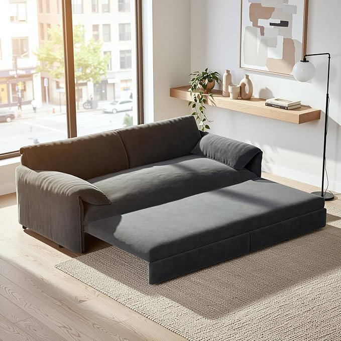 Homy Casa 66 3-in-1 Convertible Sofa Bed Queen Size Pull-Out Bed with Side Storage Velvet Loveseat Modern Sleeper Sofa for Living Room Office or Guest Room (Grey)