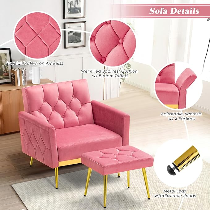 Velvet Accent Chair w/Adjustable Armrests and Backrests Tufted Single Sofa with Ottoman Upholstered Reading Chiar for Living Room Apartment Bedroom Pink