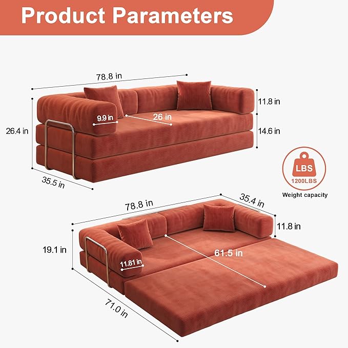 79 Convertible Sofa Bed with Pillows Corduroy Folding Sleeper Sofa with Fixed-Shape Frame Boneless Couch for Living Room Bedroom Floor Sofa Lounge No Assembly Required (A - Style-Orange)