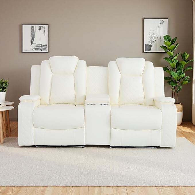 White Leather Power Recliner Loveseat with LED Lights Home Theater Reclining Sofa Loveseat Luxury 2 Seater Reclining Couch with Cup Holders/Storage for Living Room/Bedroom/Office Warm White