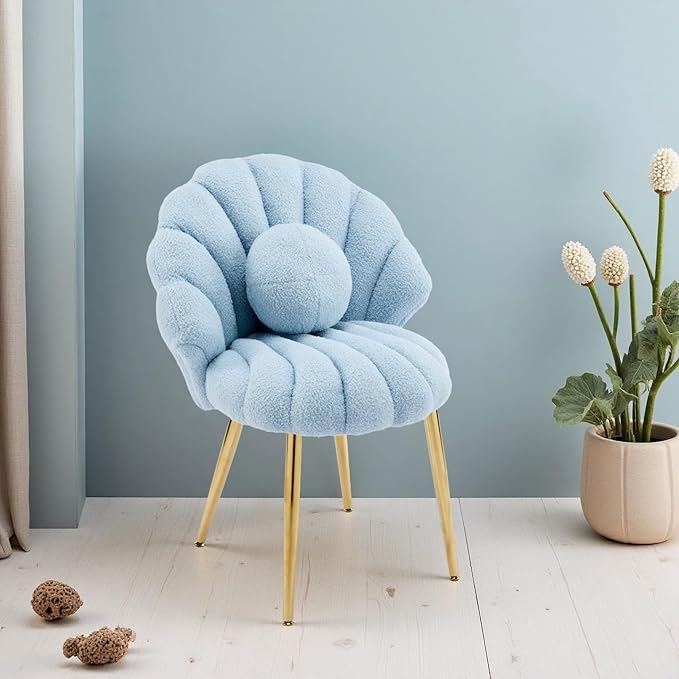 VINGLI Shell-Shaped Teddy Fleece Accent Vanity Chair with BackComfy Blue and Gold Desk Chair No WheelsCute Small Pearl Deco PillowGift for Girls/Womenfor MakeupOfficeDiningNailSewingBedroom