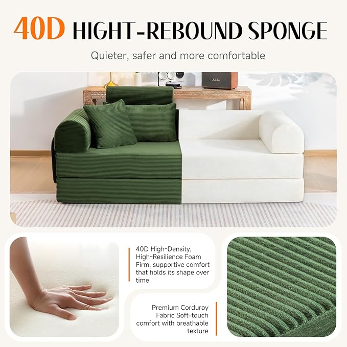 79 Corduroy Sofa Bed Sleeper Couch 6-in-1 Convertible Boneless Floor Futon Loveseat High-Density Foam Couch in a Box with 2 Headrest Pillows No Assembly Olive Green