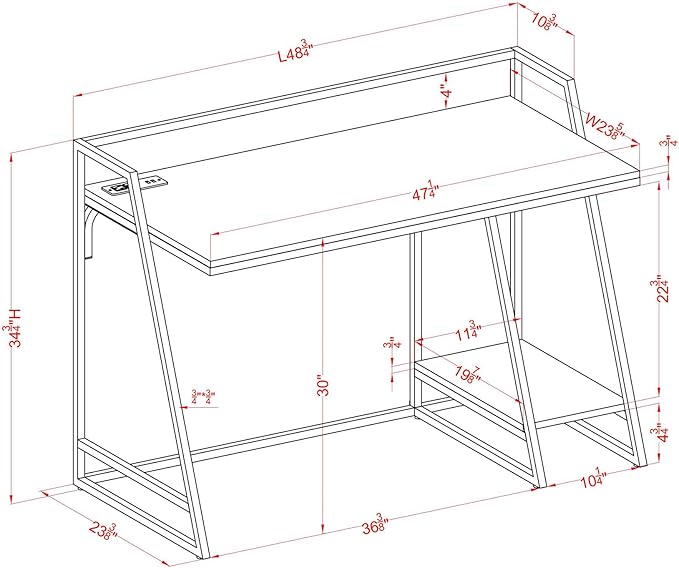 24/7 Shop at Home Kestrel Industrial 1 Shelf Metal Writing Desk with USB Port Power Outlet for Workstation Home Office Study Room Antique White and Matte Black