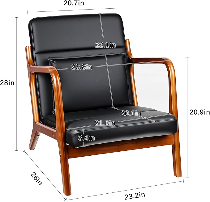 VECELO Mid-Century Modern Accent Chair with Faux Leather Cushion &amp Solid Wood Frame Lounge Armchair for Living Room Bedroom Office Black