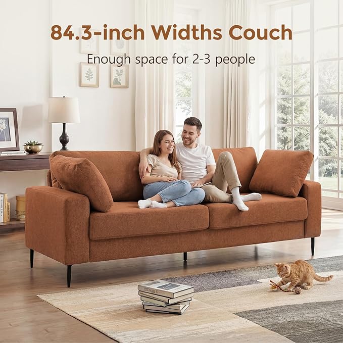 84.3 Modern Loveseat Sofa Comfy Couches with Spring Cushion Solid with Wood Frame 2 Pillows Included Mid Century Modern Design Home Sofa for Living Room Rust