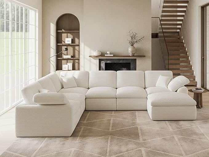 Cloud Sectional Couches for Living Room 7 Seater Cloud Modular Couch L Shaped Corduroy Sectional Sofas with Ottoman Boneless Comfy Sofa for Apartment No-Assembly Cream