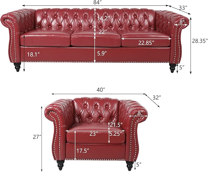 RARZOE Modern 2 Pieces Living Room Sofa Set Contemporary Tufted Button Faux Leather Three-Seater Couch and Accent Club Chairwith Nailhead Trim Scroll Arms for Home Furniture Burgundy