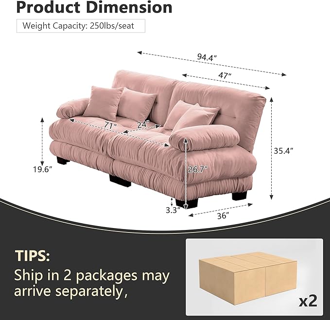 Modern Cloud Sofa Couch for Bedroom 94.4 Comfy Modular Loveseat Sofa Oversized 2 Seater Sectional Sofa with Deep Seat &amp High Back Chenille Upholstered Couches for Small Spaces Living Room Pi